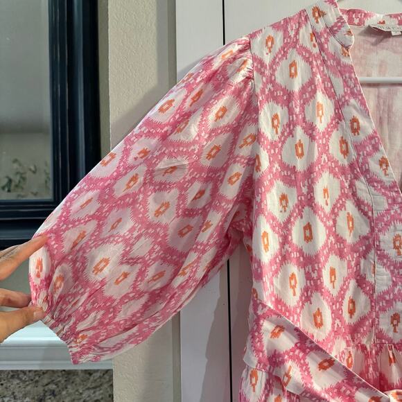 Marea Pink White Ikat Print Short Puff Sleeve Collette Shortie Dress Size Small - Picture 8 of 11